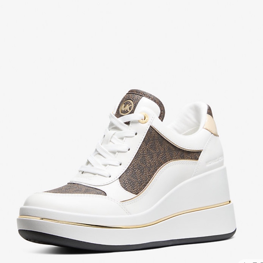 Michael Kors Emmy Signature Logo & Leather Wedge Trainer - 8&1/2 - brown & white - Picture 3 of 5